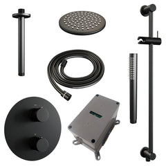 BRAUER Black Edition thermostatische inbouw regendouche 3-weg rond SET 89 met 20 cm douchekop en plafondarm en staaf handdouche en doucheslang en geïntegreerde glijstang mat zwart