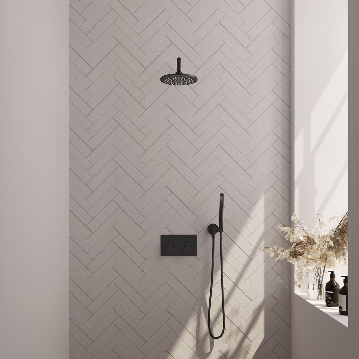 BRAUER Black Edition thermostatische inbouw regendouche met drukknoppen SET 51 met 20 cm douchekop en gebogen muurarm en staaf handdouche en doucheslang en wandaansluitbocht mat zwart