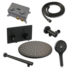 BRAUER Black Edition thermostatische inbouw regendouche met drukknoppen SET 56 met 30 cm douchekop en rechte muurarm en 3-standen handdouche en doucheslang en wandaansluitbocht mat zwart