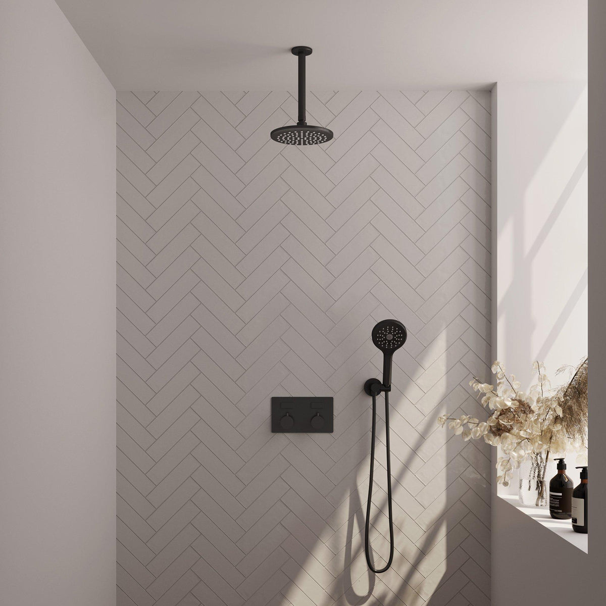 BRAUER Black Edition thermostatische inbouw regendouche met drukknoppen SET 59 met 20 cm douchekop en plafondarm en 3-standen handdouche en doucheslang en wandaansluitbocht mat zwart