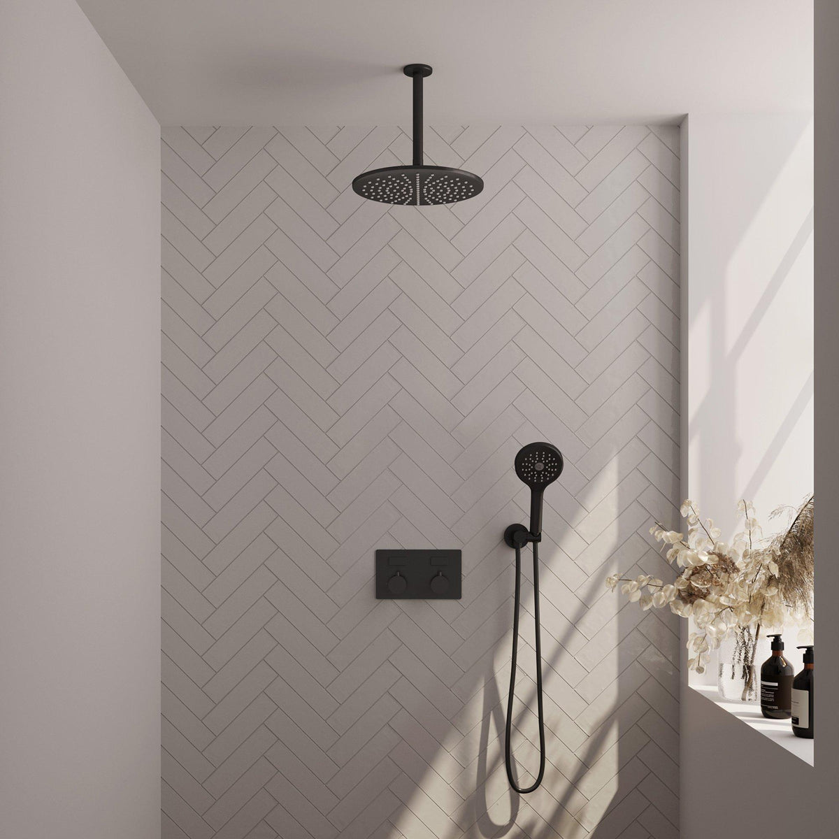 BRAUER Black Edition thermostatische inbouw regendouche met drukknoppen SET 60 met 30 cm douchekop en plafondarm en 3-standen handdouche en doucheslang en wandaansluitbocht mat zwart