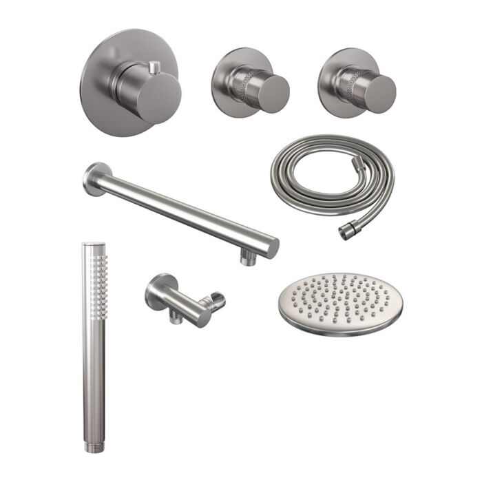 Brauer Gunmetal Edition Complete Built-in Rain Shower with 3-Function Hand Shower, Straight Wall Arm, and 20/30 cm Head Shower - Set 8 - Gunmetal Brushed PVD