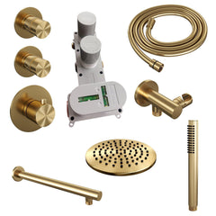 Brauer Gold Edition Regendoucheset inbouw - hoofddouche 20cm - 3 gladde knoppen - rechte wandarm - handdouche staaf 1 stand - geborsteld goud PVD