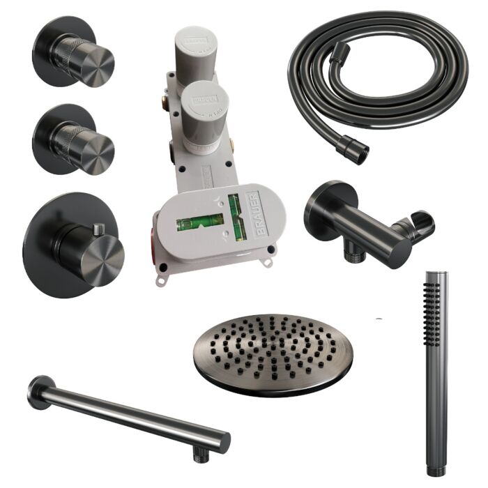 Brauer Gunmetal Edition Complete Built-in Rain Shower with 3-Function Hand Shower, Straight Wall Arm, and 20/30 cm Head Shower - Set 8 - Gunmetal Brushed PVD