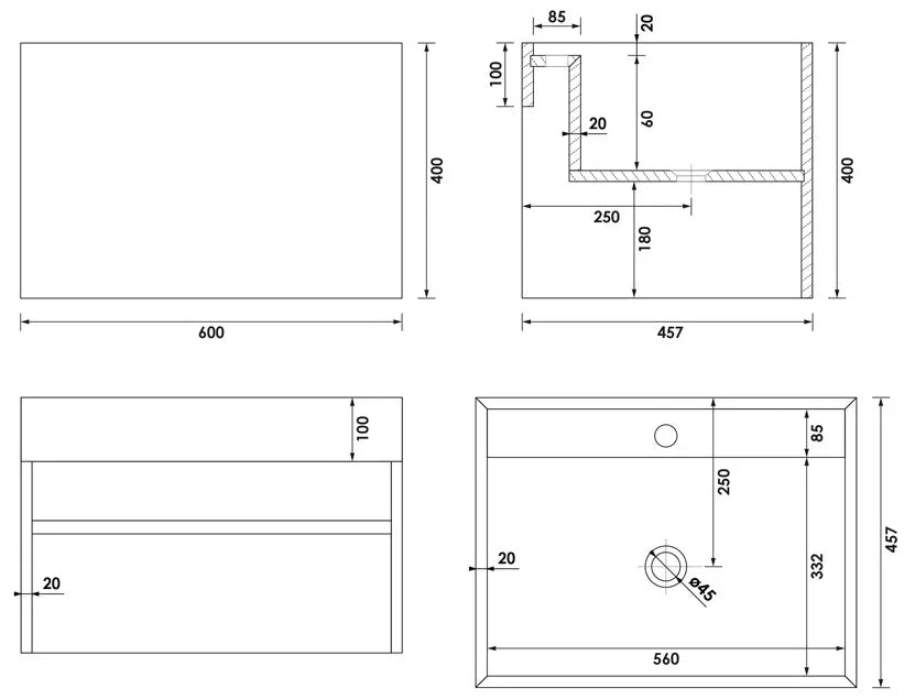 BRAUER Nova vrijhangende wastafel marmerlook - 60cm  - incl. verborgen ophangbeugels