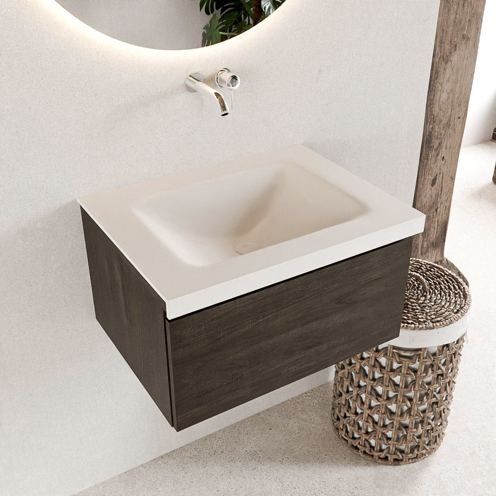MONDIAZ BUKLA 60cm badmeubel modulair kleur Dark Brown met 1 lade. Wastafel CLOUD midden 0 kraangaten kleur Talc.