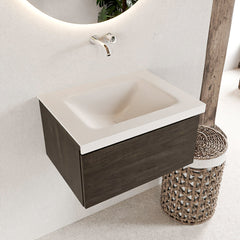 MONDIAZ BUKLA 60cm badmeubel modulair kleur Dark Brown met 1 lade. Wastafel CLOUD midden 0 kraangaten kleur Talc.