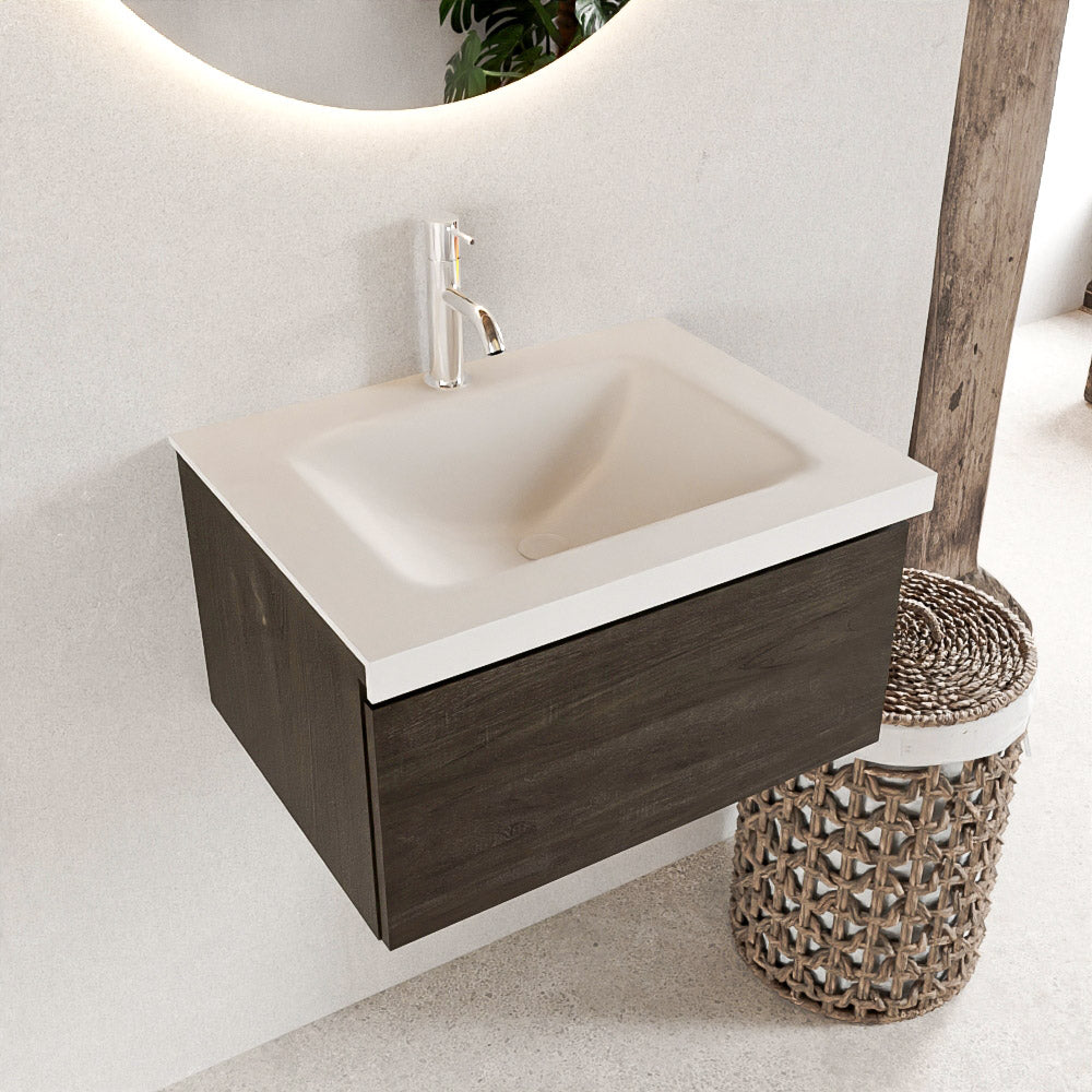 MONDIAZ BUKLA 60cm badmeubel modulair kleur Dark Brown met 1 lade. Wastafel CLOUD midden 1 kraangat kleur Talc.