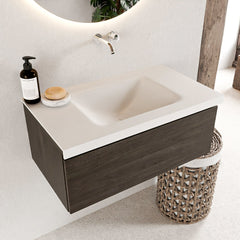 MONDIAZ BUKLA 80cm badmeubel modulair kleur Dark Brown met 1 lade. Wastafel CLOUD midden 0 kraangaten kleur Talc.