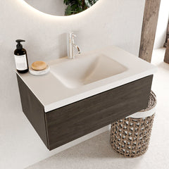 MONDIAZ BUKLA 80cm badmeubel modulair kleur Dark Brown met 1 lade. Wastafel CLOUD midden 1 kraangat kleur Talc.