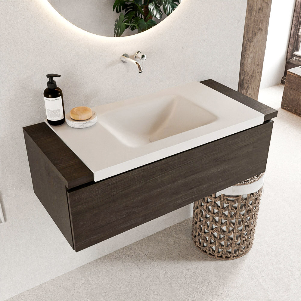 MONDIAZ BUKLA 100cm badmeubel onderkast kleur Dark Brown met 1 lade. Wastafel CLOUD midden 0 kraangaten kleur Talc.