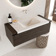 MONDIAZ BUKLA 100cm badmeubel onderkast kleur Dark Brown met 1 lade. Wastafel CLOUD midden 0 kraangaten kleur Talc.