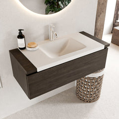 MONDIAZ BUKLA 100cm badmeubel onderkast kleur Dark Brown met 1 lade. Wastafel CLOUD midden 1 kraangat kleur Talc.
