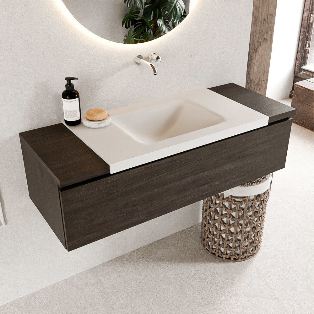 MONDIAZ BUKLA 120cm badmeubel onderkast kleur Dark Brown met 1 lade. Wastafel CLOUD midden 0 kraangaten kleur Talc.