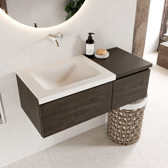 MONDIAZ BUKLA 100cm badmeubel met module 40 kleur Dark Brown met 2 lades. Wastafel CLOUD links 0 kraangaten kleur Talc.