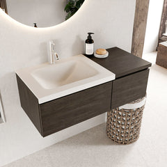 MONDIAZ BUKLA 100cm badmeubel met module 40 kleur Dark Brown met 2 lades. Wastafel CLOUD links 1 kraangat kleur Talc.