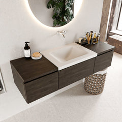 MONDIAZ BUKLA 140cm badmeubel met module 40 kleur Dark Brown met 3 lades. Wastafel CLOUD midden 0 kraangaten kleur Talc.