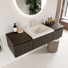 MONDIAZ BUKLA 140cm badmeubel met module 40 kleur Dark Brown met 3 lades. Wastafel CLOUD midden 1 kraangat kleur Talc.