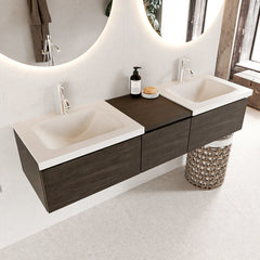 MONDIAZ BUKLA 160cm badmeubel met module 40 kleur Dark Brown met 3 lades. Wastafel CLOUD dubbel 2 kraangaten kleur Talc.