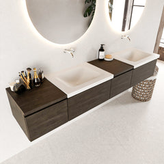 MONDIAZ BUKLA 200cm badmeubel met module 40 rechts kleur Dark Brown met 4 lades. Wastafel CLOUD dubbel 0 kraangaten kleur Talc.