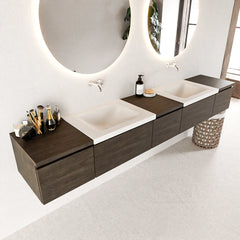 MONDIAZ BUKLA 240cm badmeubel met module 40 kleur Dark Brown met 5 lades. Wastafel CLOUD dubbel 0 kraangaten kleur Talc.