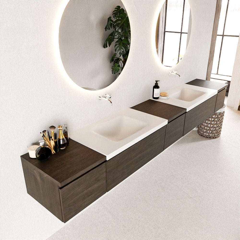 MONDIAZ BUKLA 280cm badmeubel met module 40 kleur Dark Brown met 5 lades. Wastafel CLOUD dubbel 0 kraangaten kleur Talc.