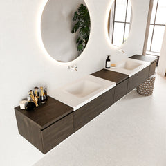 MONDIAZ BUKLA 280cm badmeubel met module 40 kleur Dark Brown met 5 lades. Wastafel CLOUD dubbel 0 kraangaten kleur Talc.