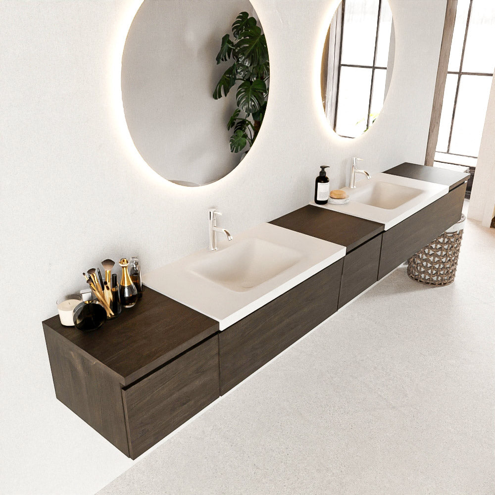 MONDIAZ BUKLA 280cm badmeubel met module 40 kleur Dark Brown met 5 lades. Wastafel CLOUD dubbel 2 kraangaten kleur Talc.