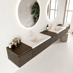 MONDIAZ BUKLA 280cm badmeubel met module 40 kleur Dark Brown met 5 lades. Wastafel CLOUD dubbel 2 kraangaten kleur Talc.