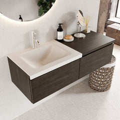 MONDIAZ BUKLA 120cm badmeubel met module 60 kleur Dark Brown met 2 lades. Wastafel CLOUD links 1 kraangat kleur Talc.