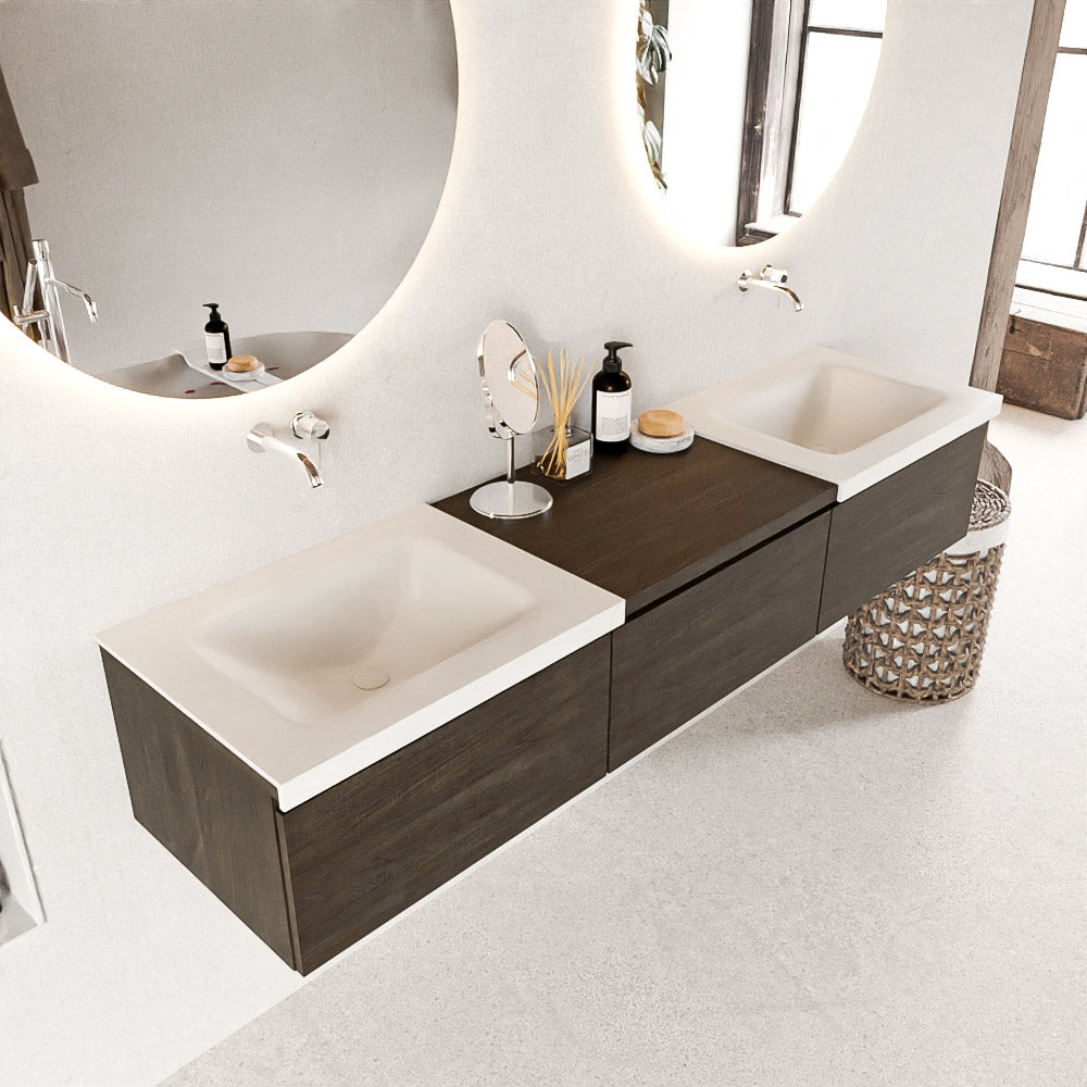 MONDIAZ BUKLA 180cm badmeubel met module 60 kleur Dark Brown met 3 lades. Wastafel CLOUD dubbel 0 kraangaten kleur Talc.