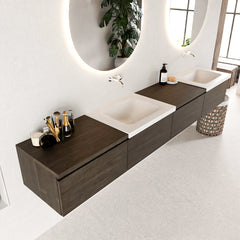 MONDIAZ BUKLA 240cm badmeubel met module 60 links kleur Dark Brown met 4 lades. Wastafel CLOUD dubbel 0 kraangaten kleur Talc.
