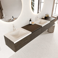 MONDIAZ BUKLA 240cm badmeubel met module 60 rechts kleur Dark Brown met 4 lades. Wastafel CLOUD dubbel 2 kraangaten kleur Talc.