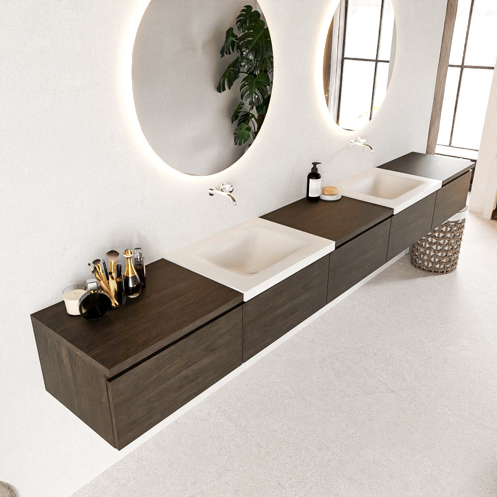MONDIAZ BUKLA 300cm badmeubel met module 60 kleur Dark Brown met 5 lades. Wastafel CLOUD dubbel 0 kraangaten kleur Talc.
