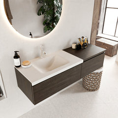 MONDIAZ BUKLA 140cm badmeubel met module 60 kleur Dark Brown met 2 lades. Wastafel CLOUD links 1 kraangat kleur Talc.