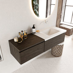 MONDIAZ BUKLA 140cm badmeubel met module 60 kleur Dark Brown met 2 lades. Wastafel CLOUD rechts 0 kraangaten kleur Talc.