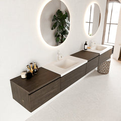 MONDIAZ BUKLA 280cm badmeubel met module 60 rechts kleur Dark Brown met 4 lades. Wastafel CLOUD dubbel 2 kraangaten kleur Talc.