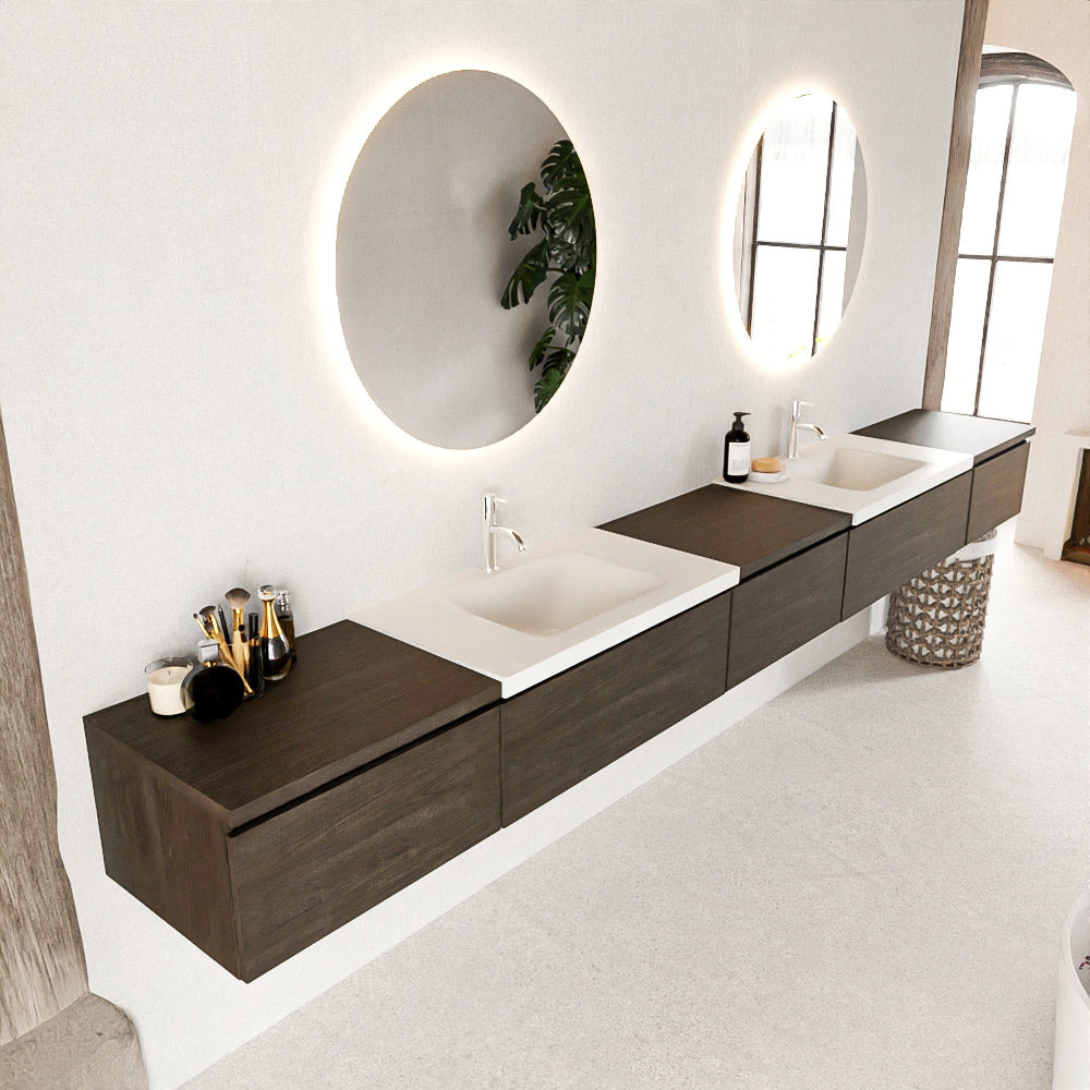 MONDIAZ BUKLA 340cm badmeubel met module 60 kleur Dark Brown met 5 lades. Wastafel CLOUD dubbel 2 kraangaten kleur Talc.