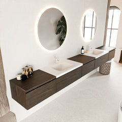 MONDIAZ BUKLA 340cm badmeubel met module 60 kleur Dark Brown met 5 lades. Wastafel CLOUD dubbel 2 kraangaten kleur Talc.