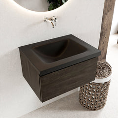 MONDIAZ BUKLA 60cm badmeubel modulair kleur Dark Brown met 1 lade. Wastafel CLOUD midden 0 kraangaten kleur Urban.