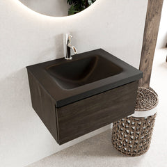 MONDIAZ BUKLA 60cm badmeubel modulair kleur Dark Brown met 1 lade. Wastafel CLOUD midden 1 kraangat kleur Urban.