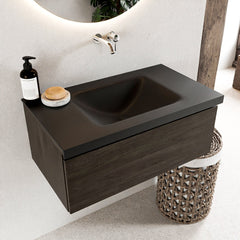 MONDIAZ BUKLA 80cm badmeubel modulair kleur Dark Brown met 1 lade. Wastafel CLOUD midden 0 kraangaten kleur Urban.
