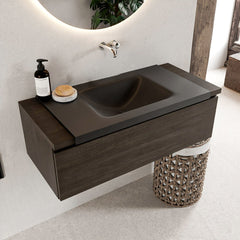 MONDIAZ BUKLA 100cm badmeubel onderkast kleur Dark Brown met 1 lade. Wastafel CLOUD midden 0 kraangaten kleur Urban.