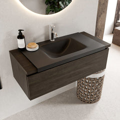 MONDIAZ BUKLA 100cm badmeubel onderkast kleur Dark Brown met 1 lade. Wastafel CLOUD midden 1 kraangat kleur Urban.