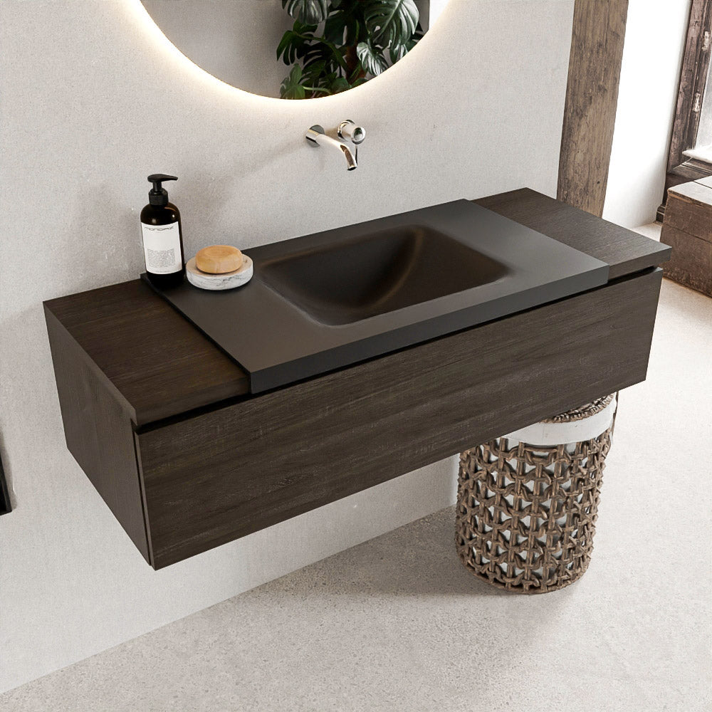 MONDIAZ BUKLA 120cm badmeubel onderkast kleur Dark Brown met 1 lade. Wastafel CLOUD midden 0 kraangaten kleur Urban.