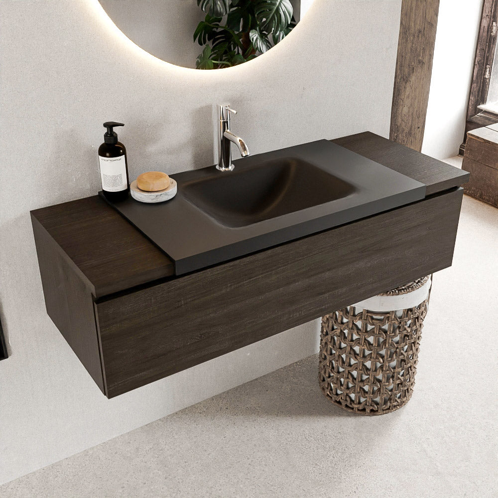 MONDIAZ BUKLA 120cm badmeubel onderkast kleur Dark Brown met 1 lade. Wastafel CLOUD midden 1 kraangat kleur Urban.