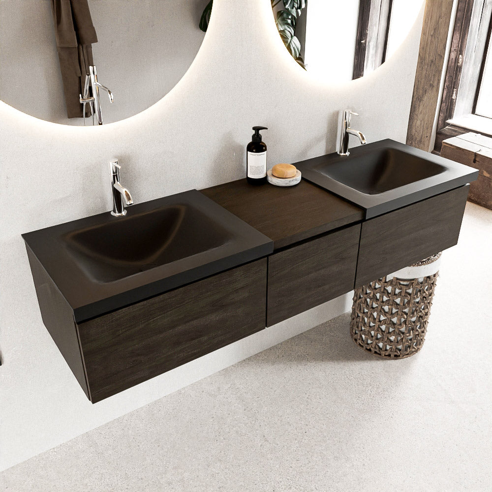 MONDIAZ BUKLA 160cm badmeubel met module 40 kleur Dark Brown met 3 lades. Wastafel CLOUD dubbel 2 kraangaten kleur Urban.