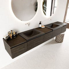 MONDIAZ BUKLA 240cm badmeubel met module 40 kleur Dark Brown met 5 lades. Wastafel CLOUD dubbel 0 kraangaten kleur Urban.