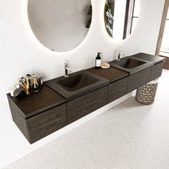 MONDIAZ BUKLA 240cm badmeubel met module 40 kleur Dark Brown met 5 lades. Wastafel CLOUD dubbel 2 kraangaten kleur Urban.