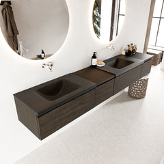 MONDIAZ BUKLA 240cm badmeubel met module 40 links kleur Dark Brown met 4 lades. Wastafel CLOUD dubbel 0 kraangaten kleur Urban.